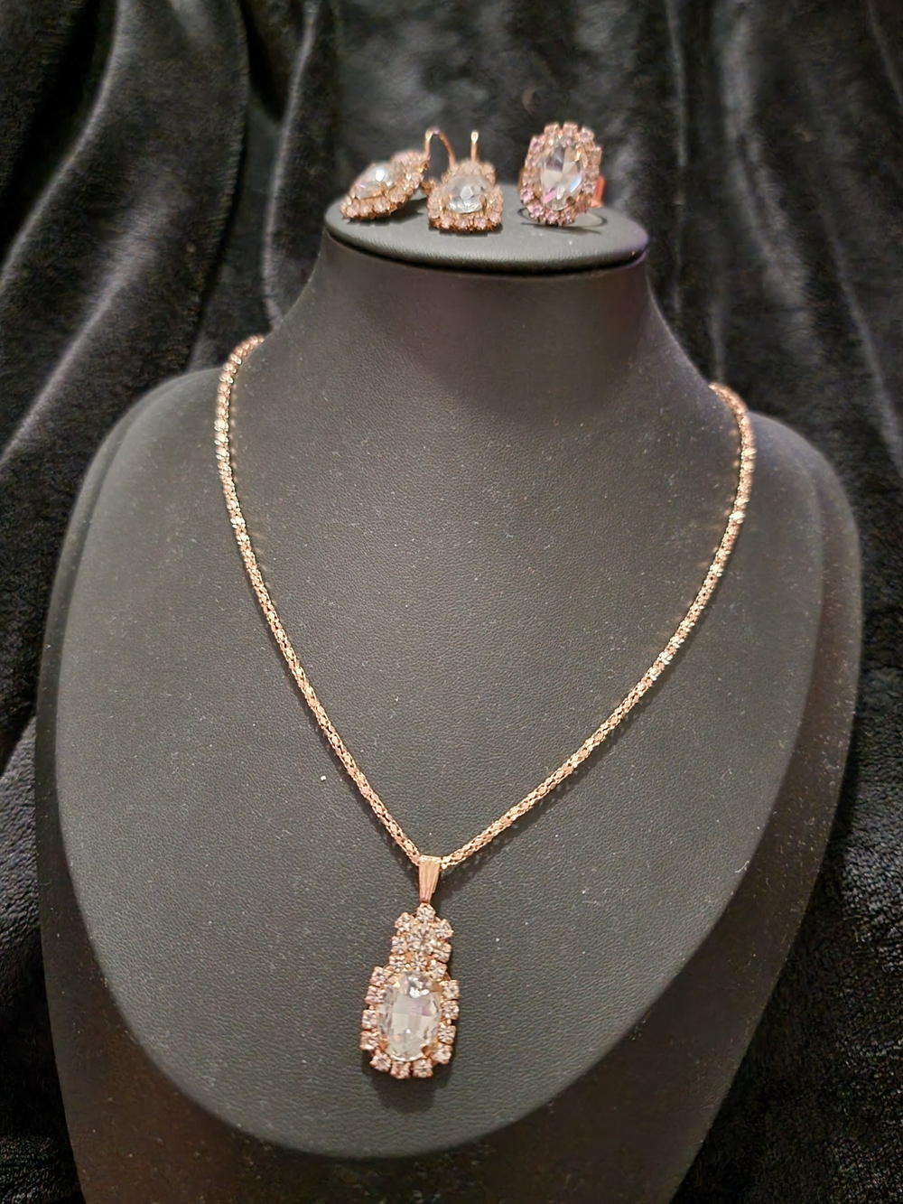 Gold Crystal Pendant Necklace, Earring, and Ring Set